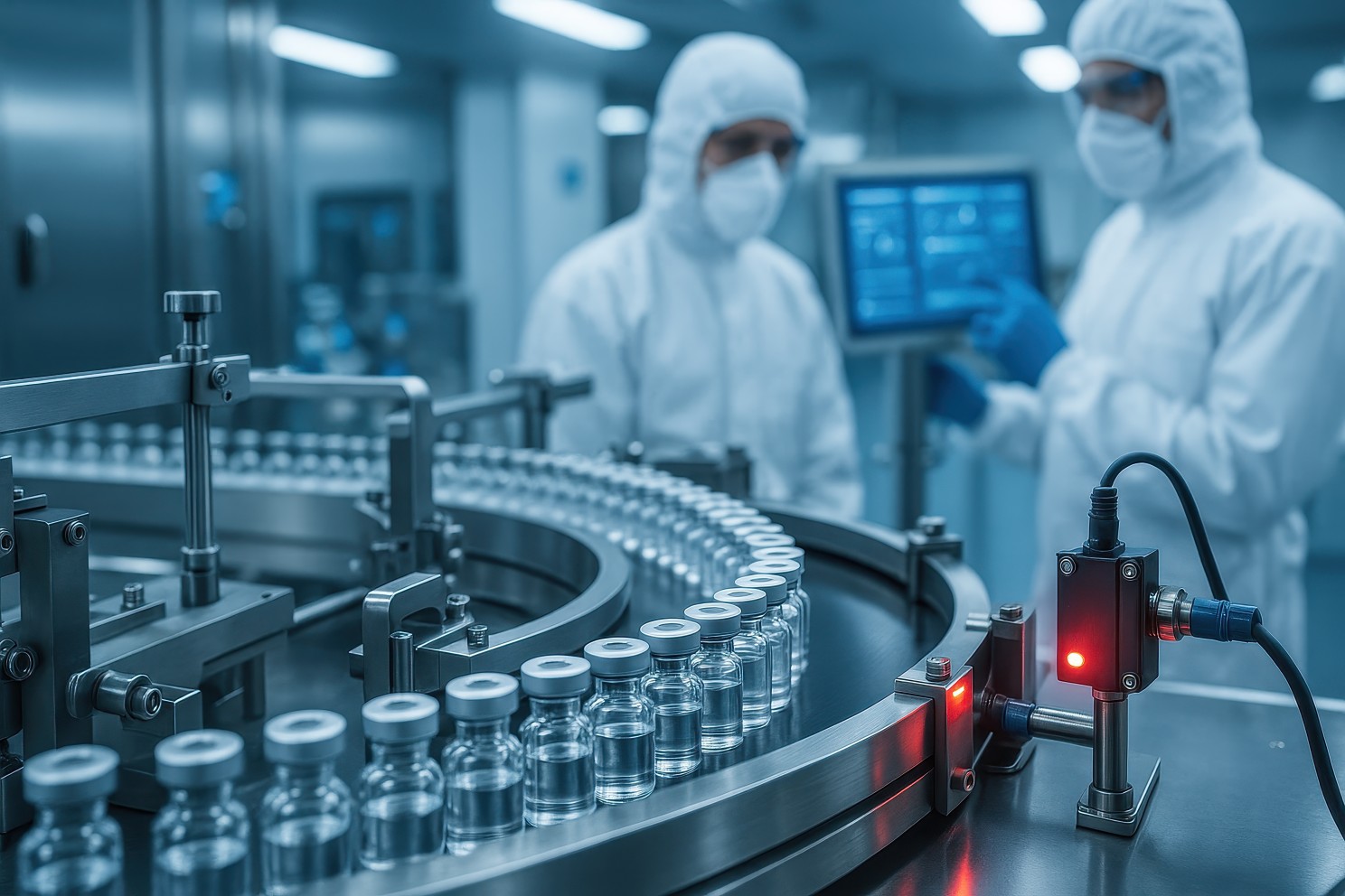 Pharmaceutical technicians in cleanroom monitoring vial production line with digital tablet