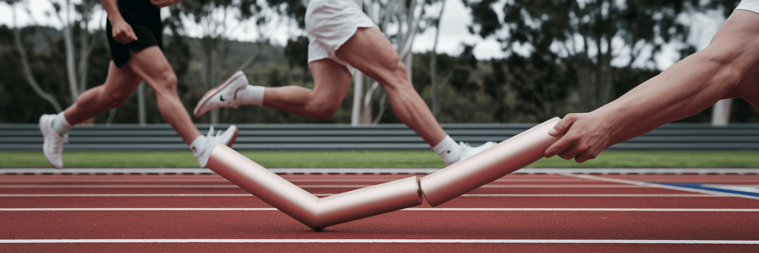 Runners smoothly passing a baton in a relay.