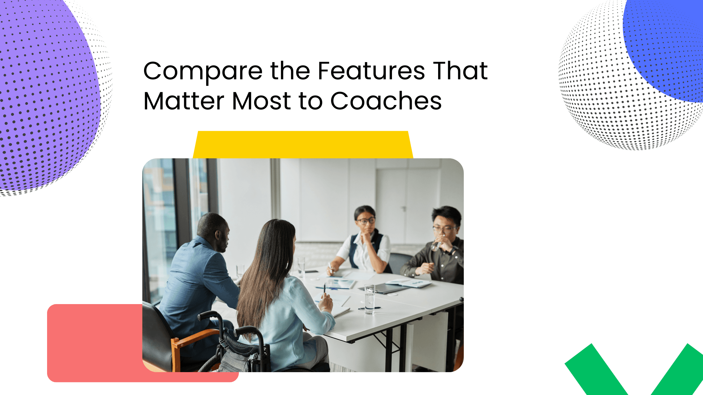 Team discussion during a coaching business meeting beside text comparing community platform features.