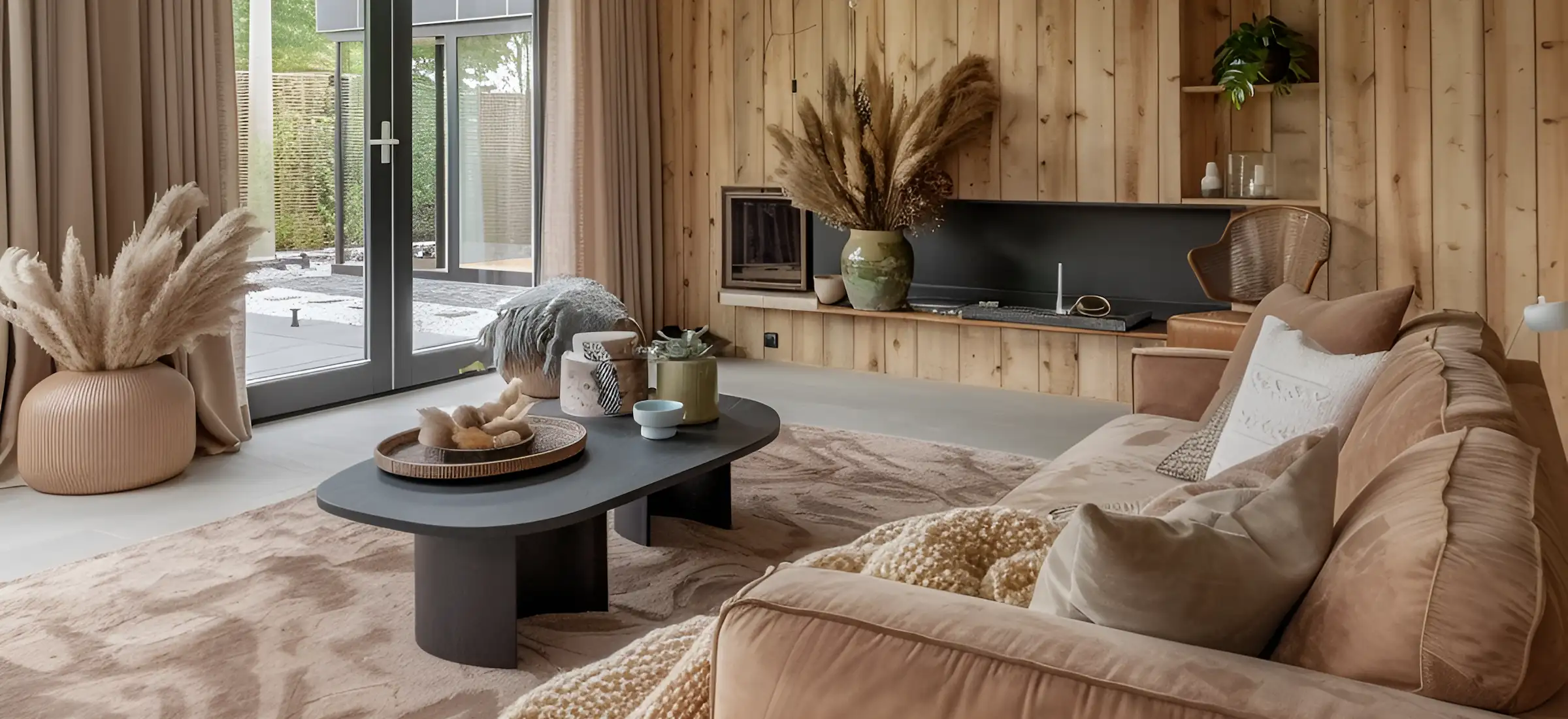 Comfortable living room with sofa, coffee table, and soft lighting