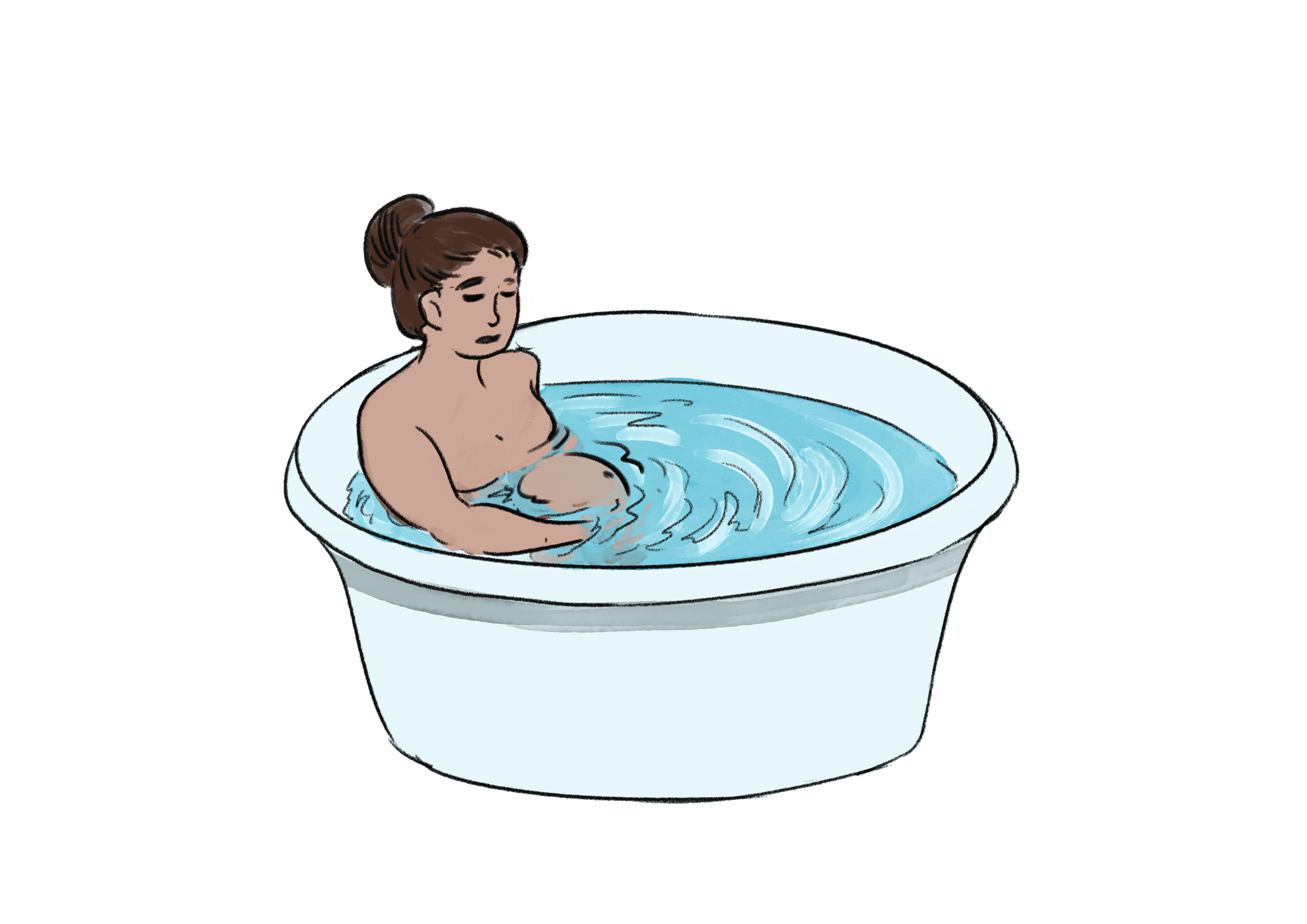 An illustration of a pregnant lady sitting in a filled birthing pool.