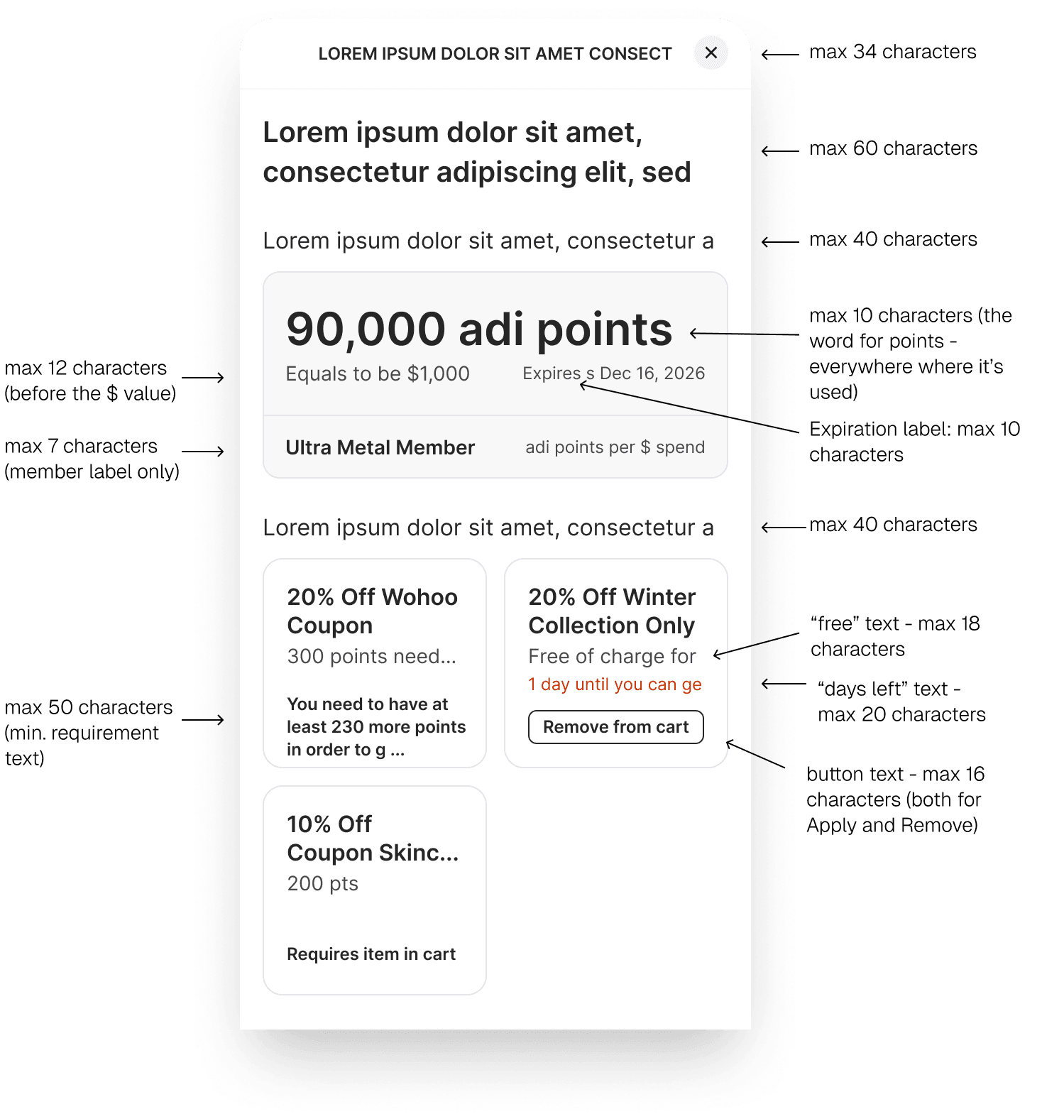 Anotated mobile screen showing Charachter limit count