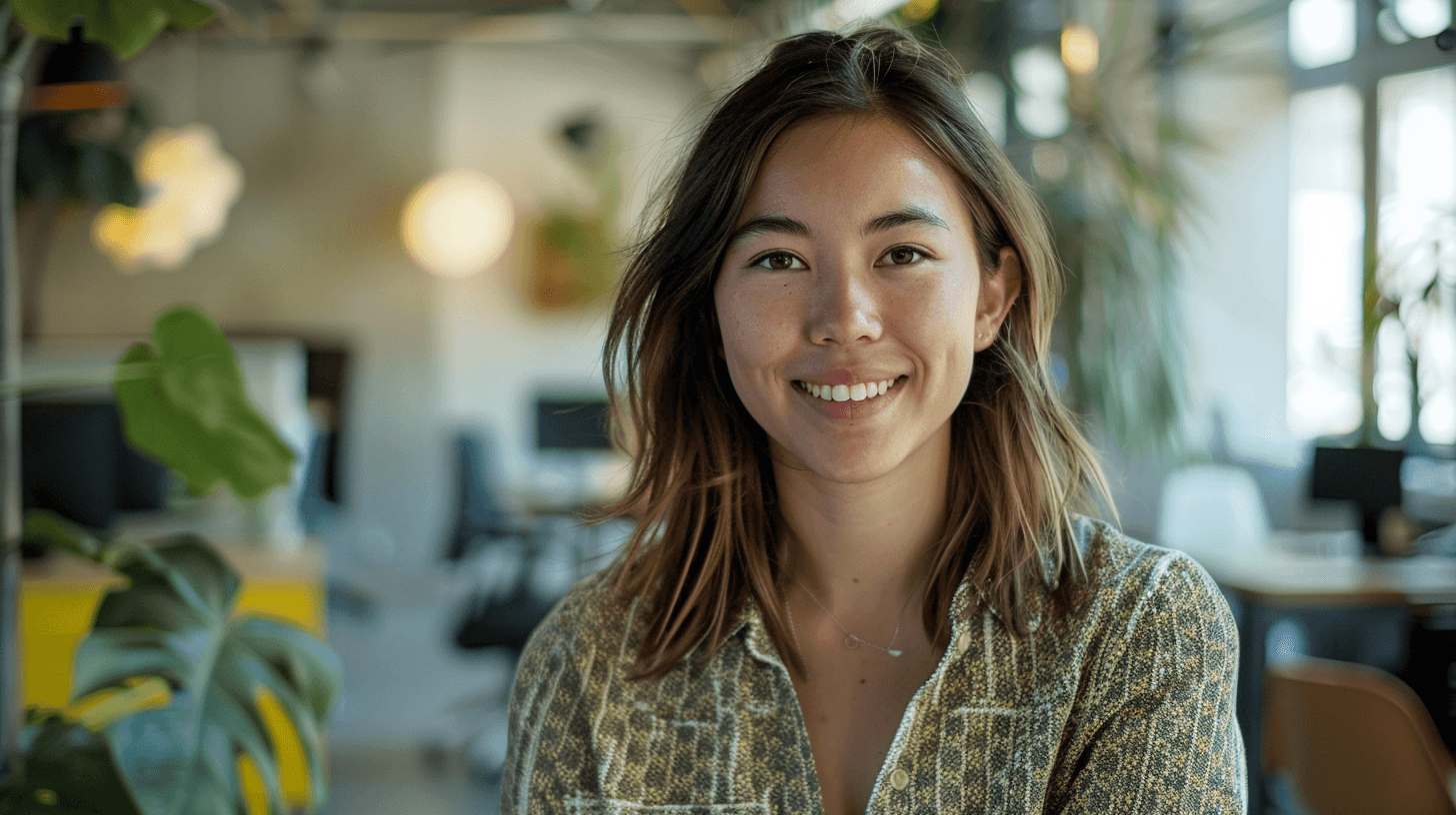 A young woman with shoulder-length hair smiles in a bright, plant-filled office environment.