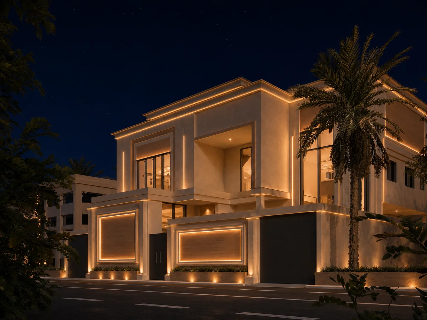 واجهة فيلا سكنية حديثة ليلًا بإضاءة معمارية دافئة تبرز تفاصيل الواجهة والتنسيق الخارجي.
