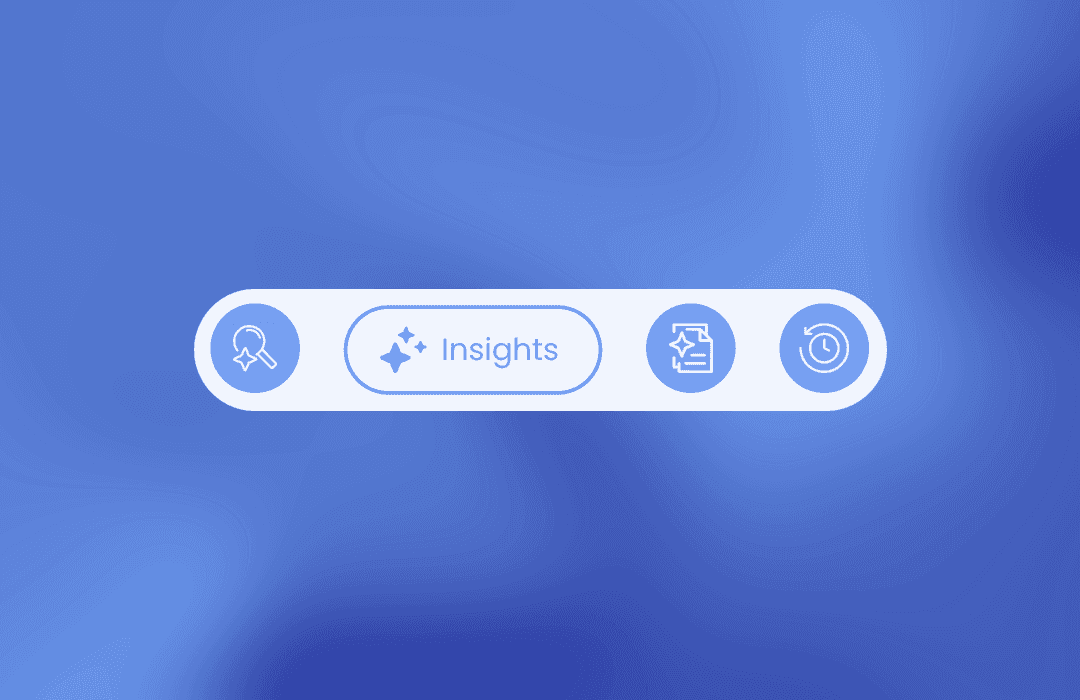 Barra de navegação ou menu com quatro ícones e um botão central: uma lupa, "Insights" com um ícone de estrela e brilho, um ícone de documento com estrela, e um ícone de relógio circular com uma seta.