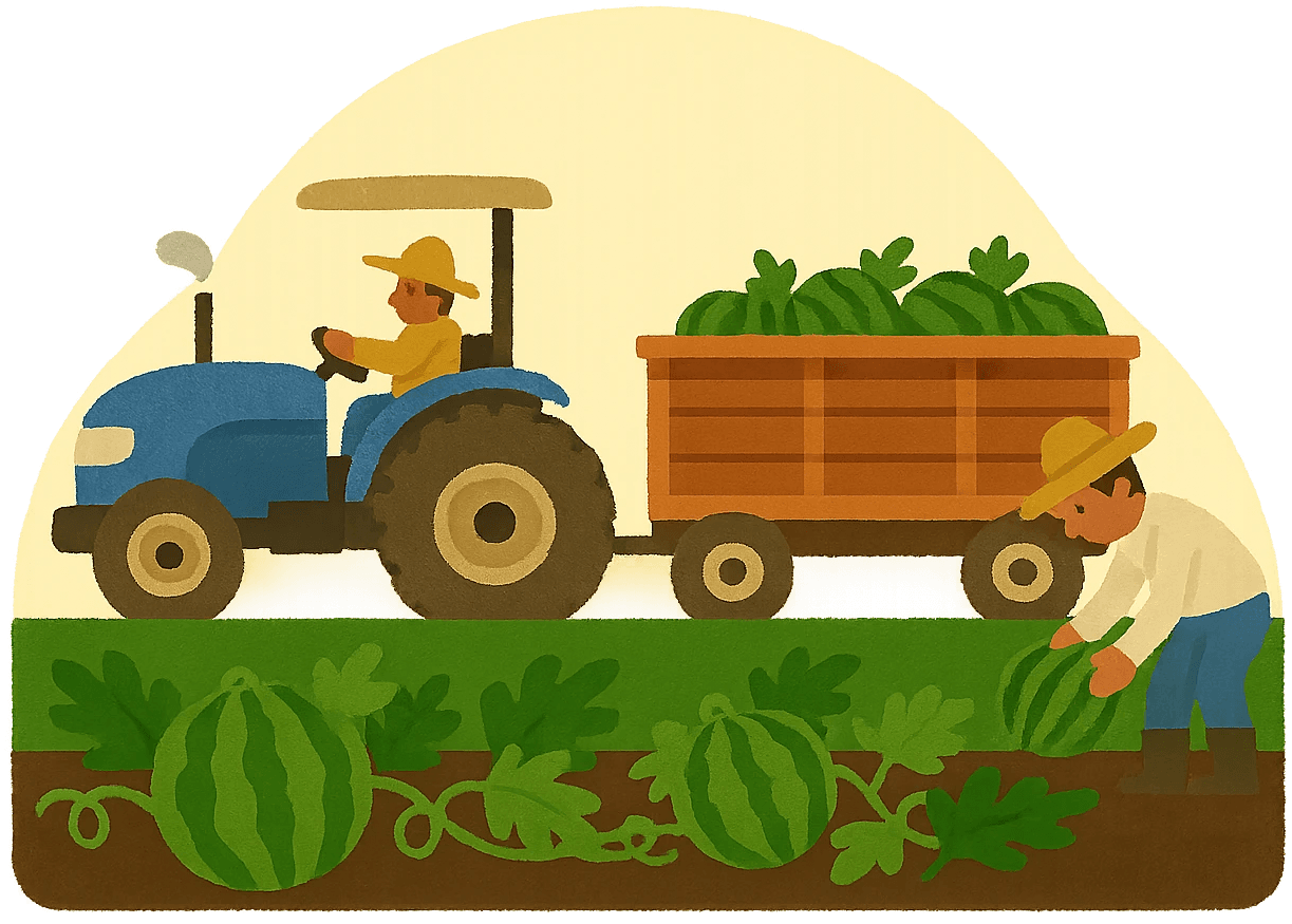 Ernte von den Wassermelonen mit dem Traktor