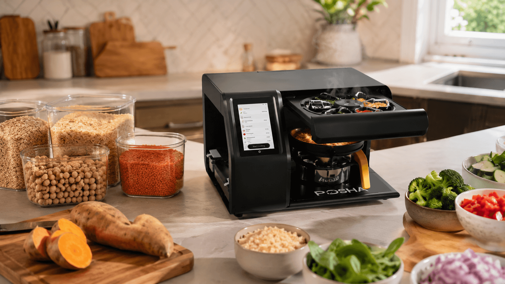 Posha Robot Chef cooking with good carbs like brown rice and chickpeas