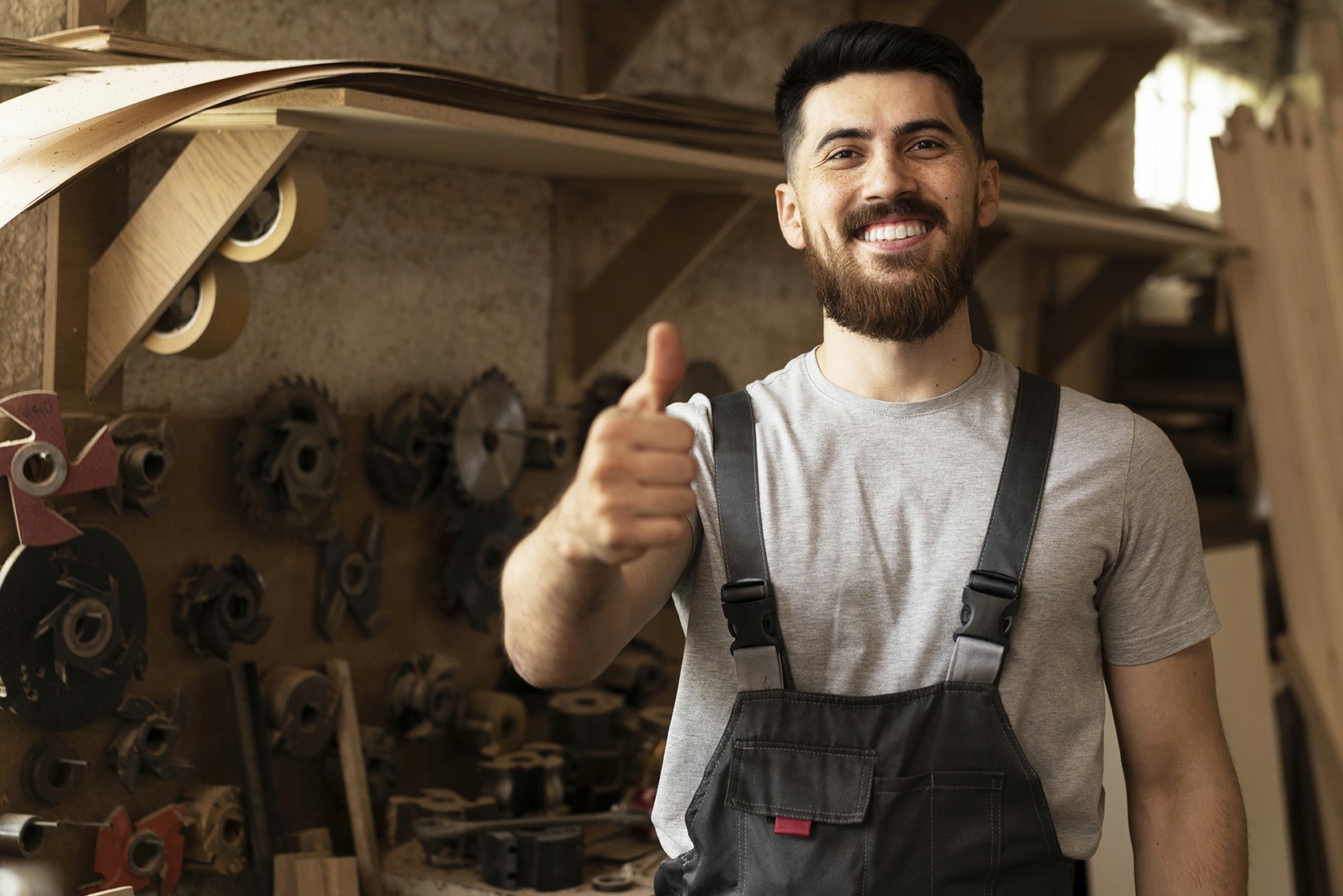 Na zdjęciu widać mężczyznę stojącego w warsztacie stolarskim. Ubrany jest w szare koszulki i czarne ogrodniczki, a na twarzy ma szeroki, przyjazny uśmiech. Pokazuje uniesiony kciuk, jakby chciał podkreślić zadowolenie z pracy lub efektów swojej pracy. Za nim znajduje się ściana pełna narzędzi — głównie tarcz do pił oraz innych akcesoriów stolarskich — a w tle widać drewniane deski i elementy warsztatu.
