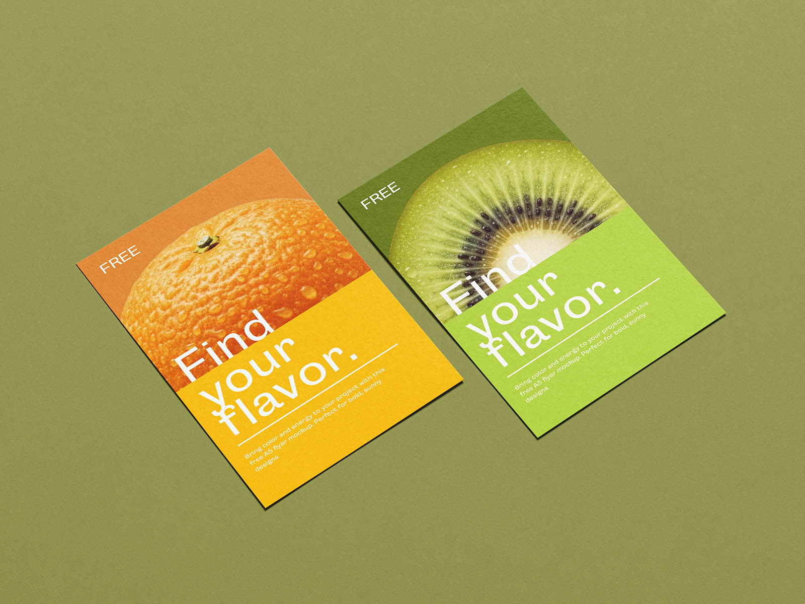 Two flyers on a green background. The left has an orange with the text "Find Your Flavor" in white, the right has a kiwi with the same text. Both say "FREE."