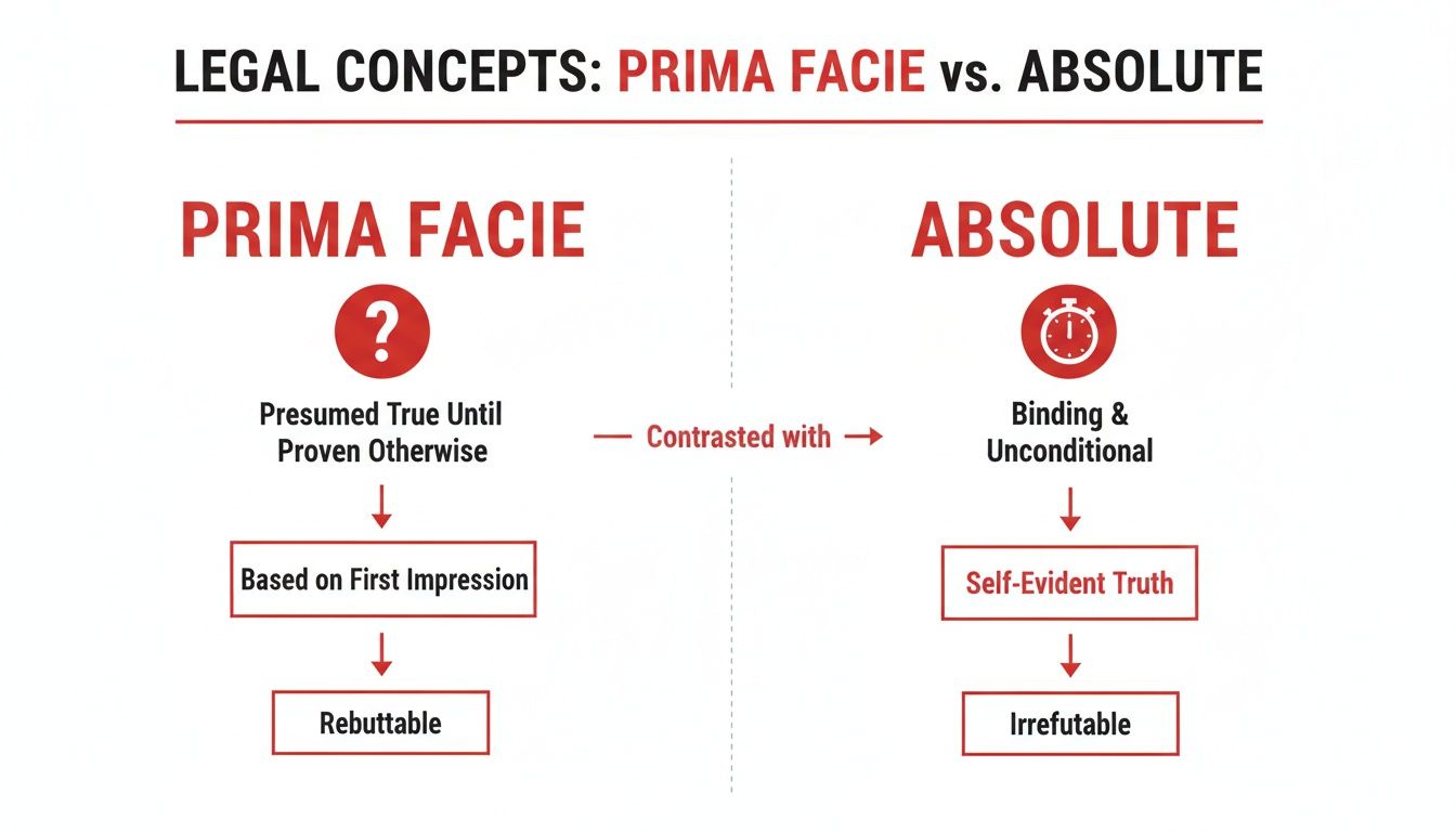 Diagram explaining legal concepts: Prima Facie (rebuttable) versus Absolute (irrefutable).