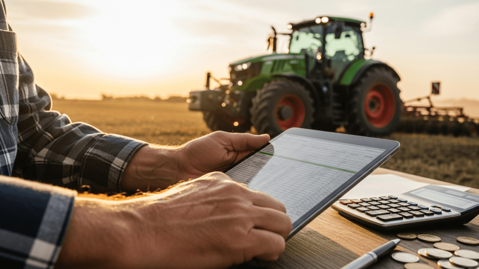 Produtor rural usando tablet e calculadora para fazer a gestão financeira e o planejamento de créditos da reforma tributária no agronegócio.