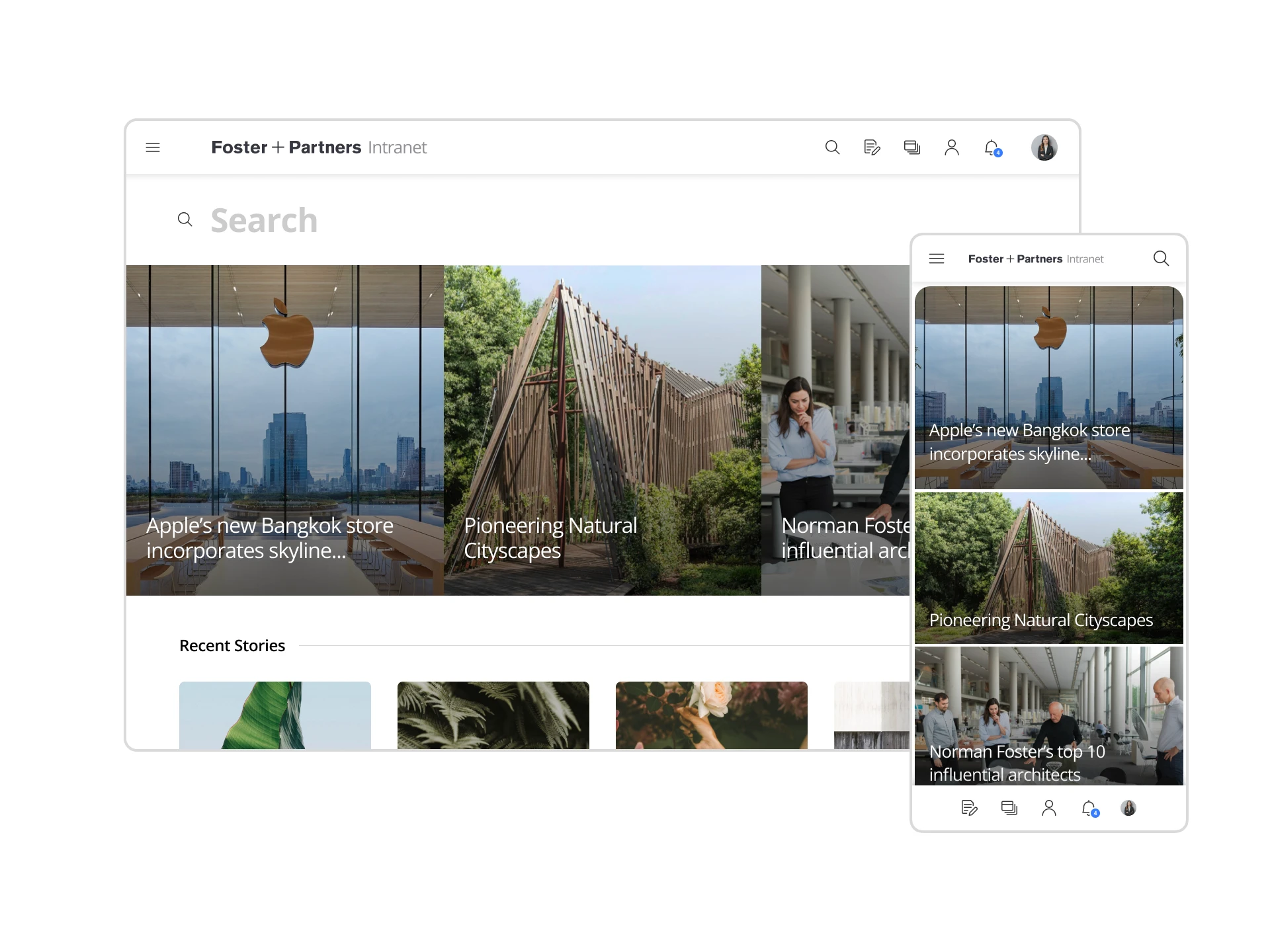 Foster + Partners website redesign by Cogworks – architecture firm digital platform homepage in desktop and mobile