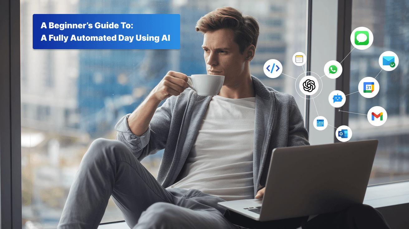 Man Sipping Coffee with AI Tools Hovering Around