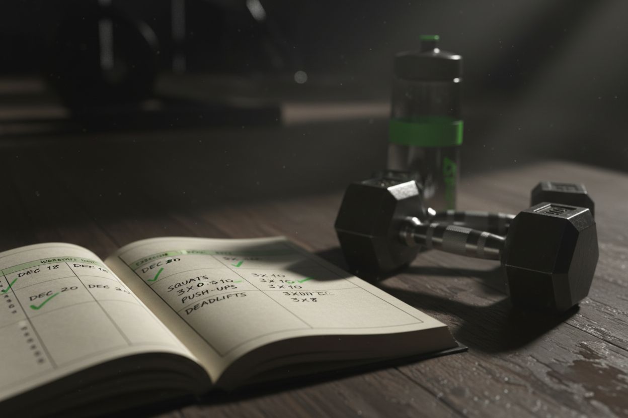Página de diario de entrenamiento junto a unas mancuernas