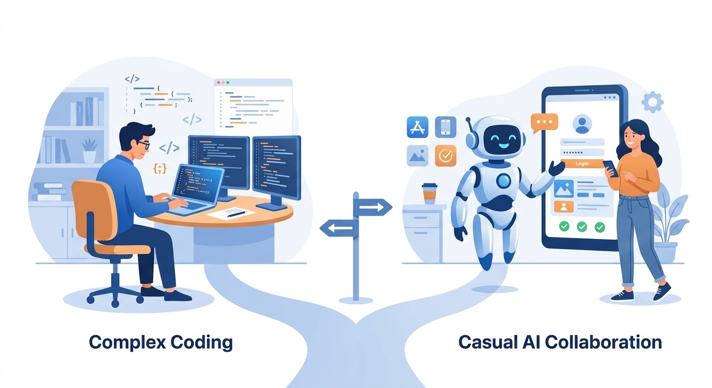A fork in the road between writing traditional code and using an AI platform to build a mobile app