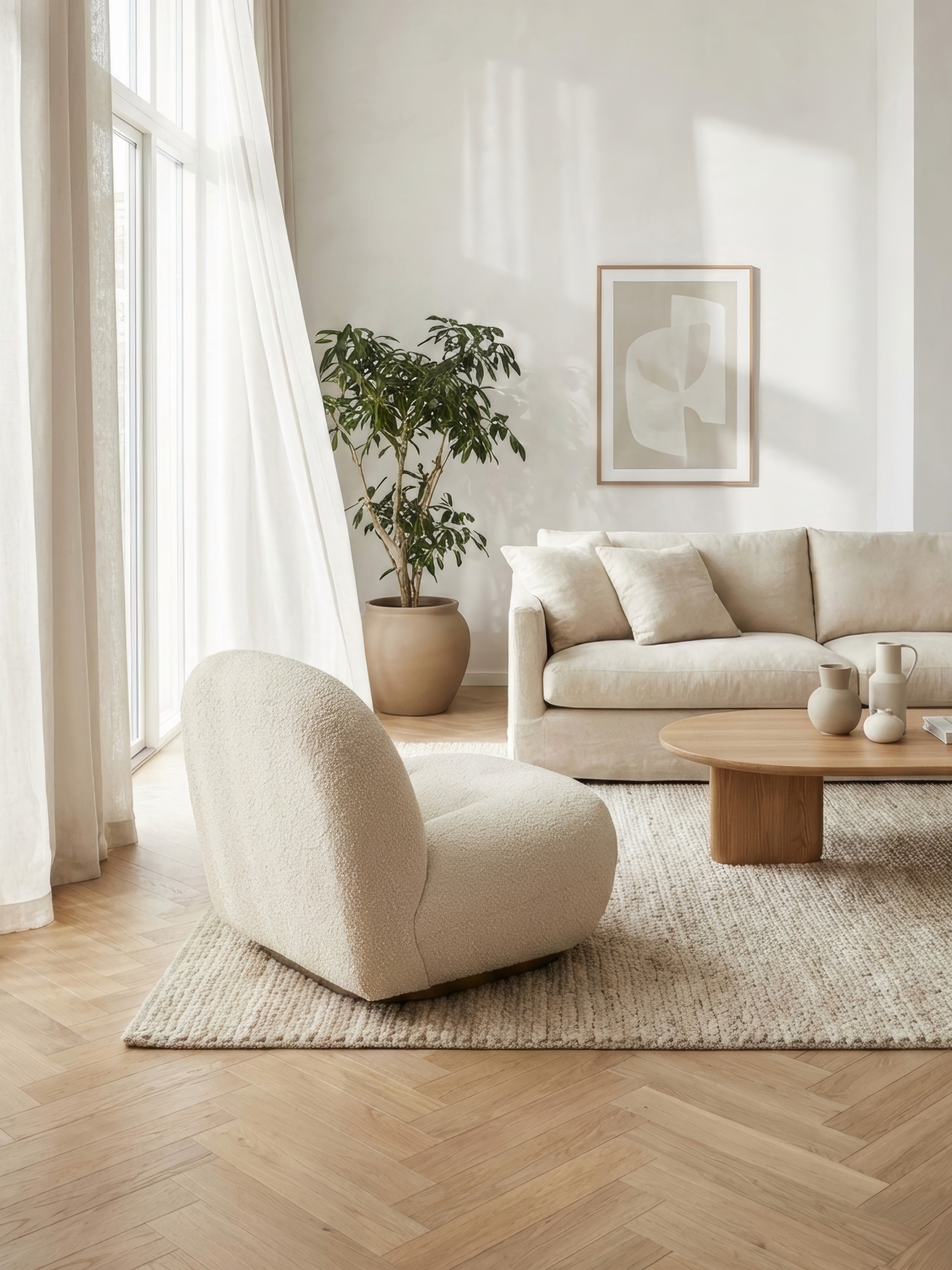 Visualizzazione archviz di salone interno con mobilio in stoffa chiara e arredi in legno chiaro in stile scandinavo.