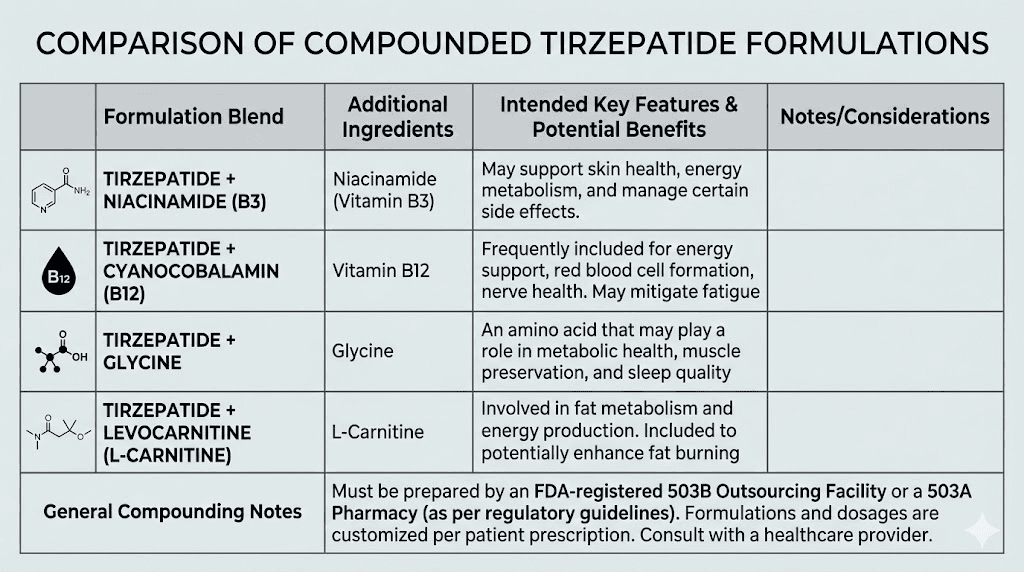 Tirzepatide compound formulation comparison chart with B12 glycine niacinamide blends