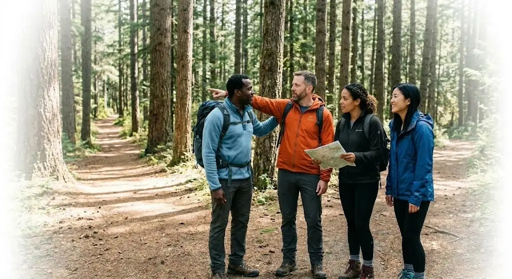 Hikers looking at a map and trying to find the best way to go