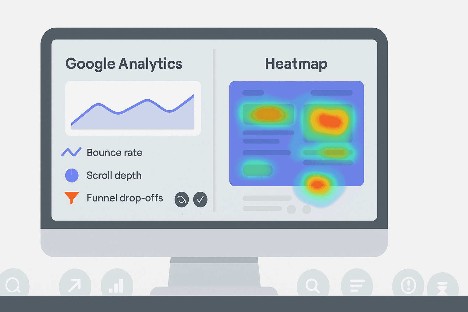“Flat UI dashboard illustration showing Google Analytics metrics on the left and a heatmap visualization on the right, highlighting bounce rate, scroll depth, and funnel drop-off analysis for UX auditing.”