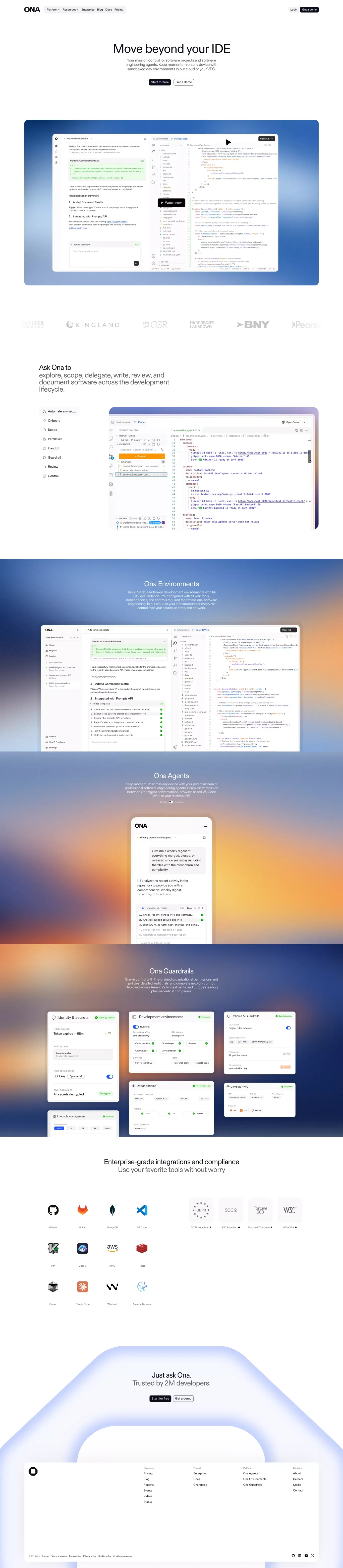 Ona (formerly Gitpod) landing page screenshot showcasing AI and Tech design