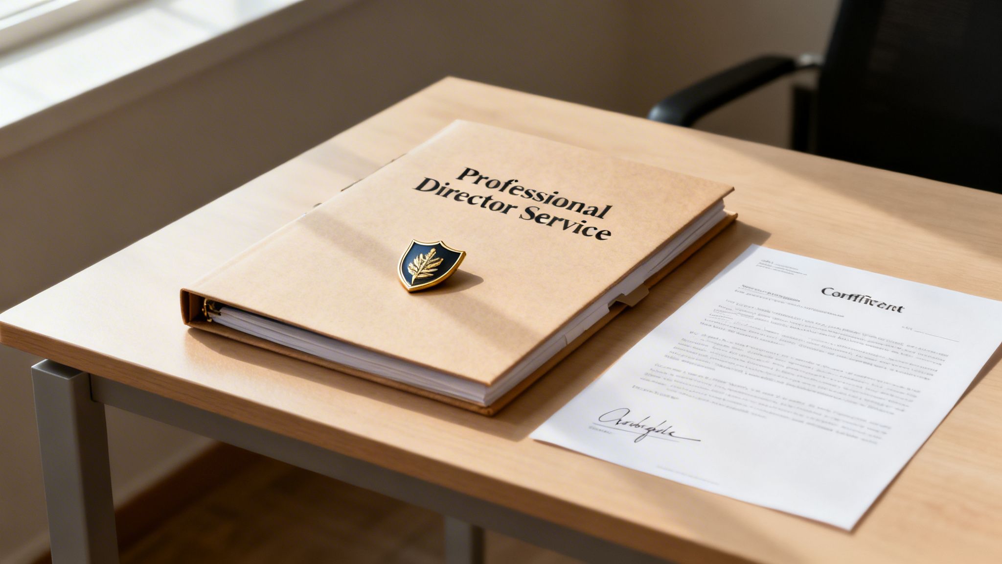 A "Professional Director Service" binder with a shield emblem and document on a bright wooden desk.