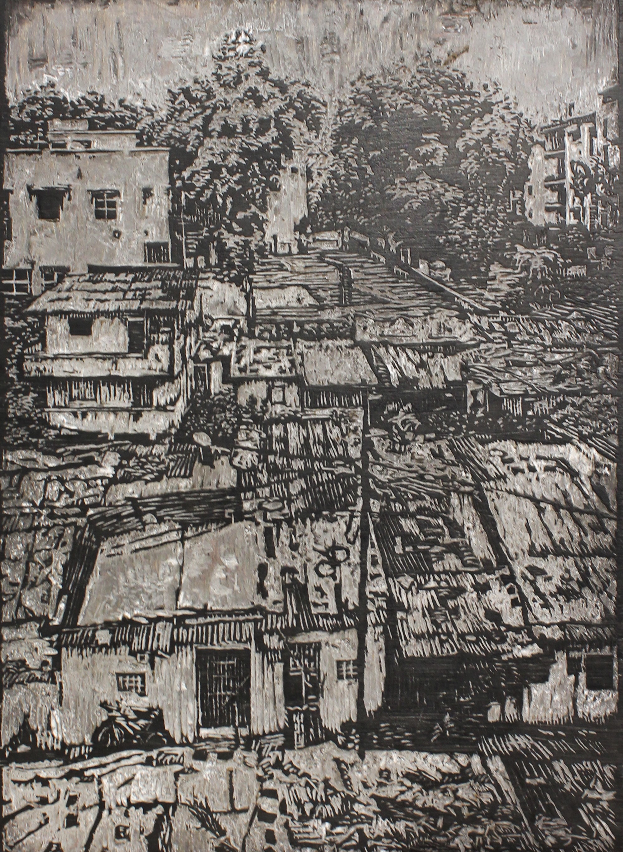 herd of sheep on road painting