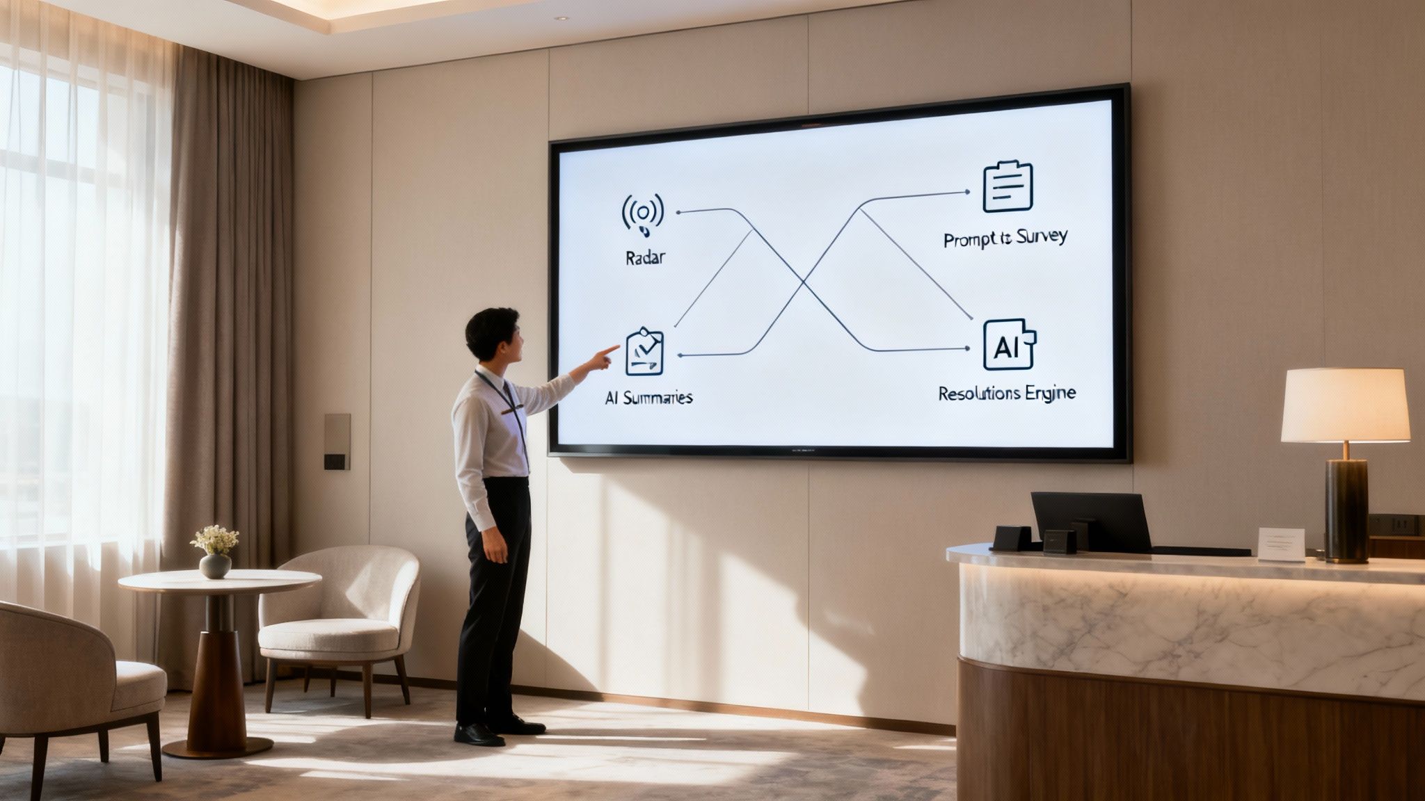 A man explains an AI-powered diagram on a large screen, detailing a survey and resolutions engine process.