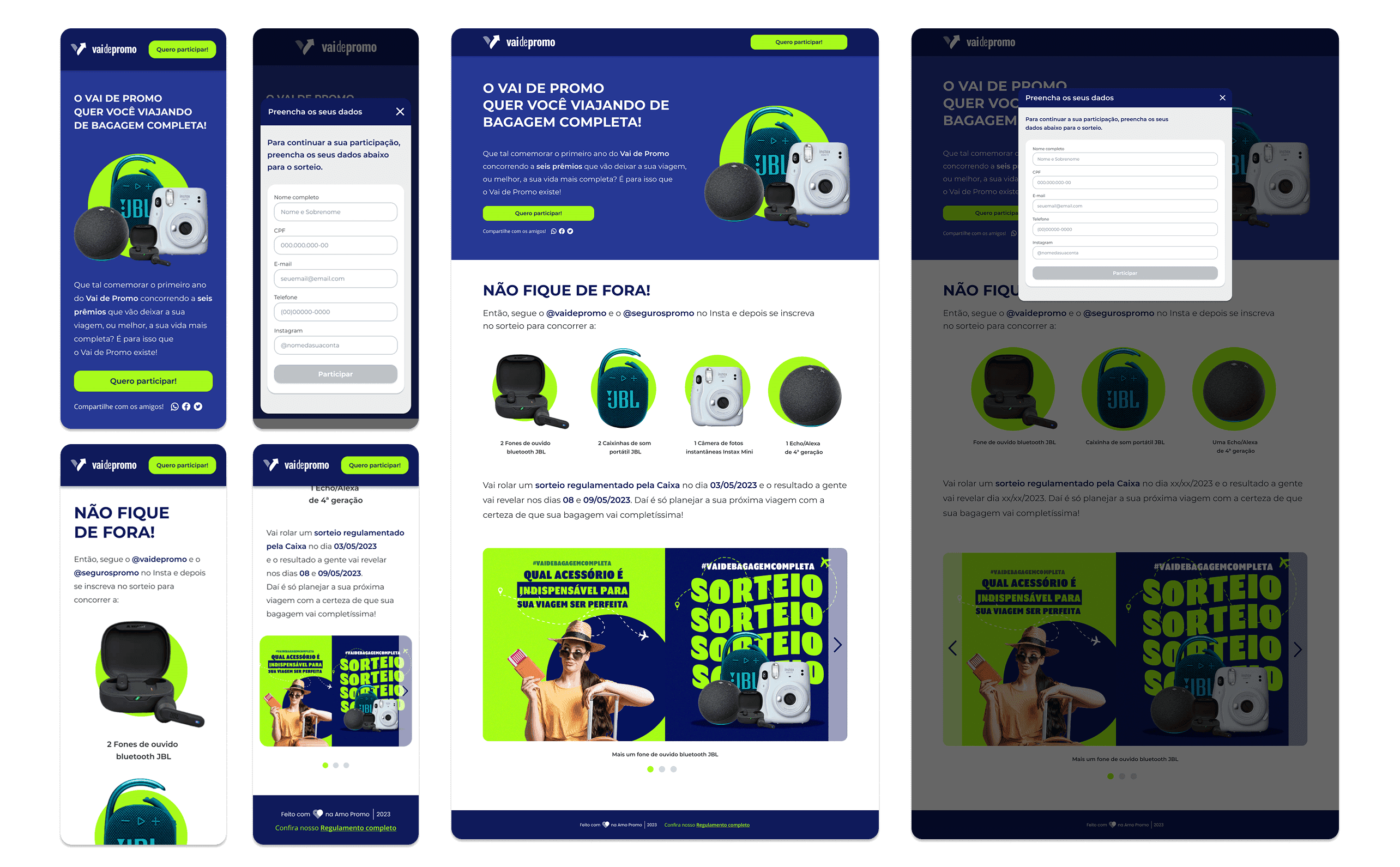 Fotos do layout das telas do produto Vai de Promo na campanha Bagagem Completa