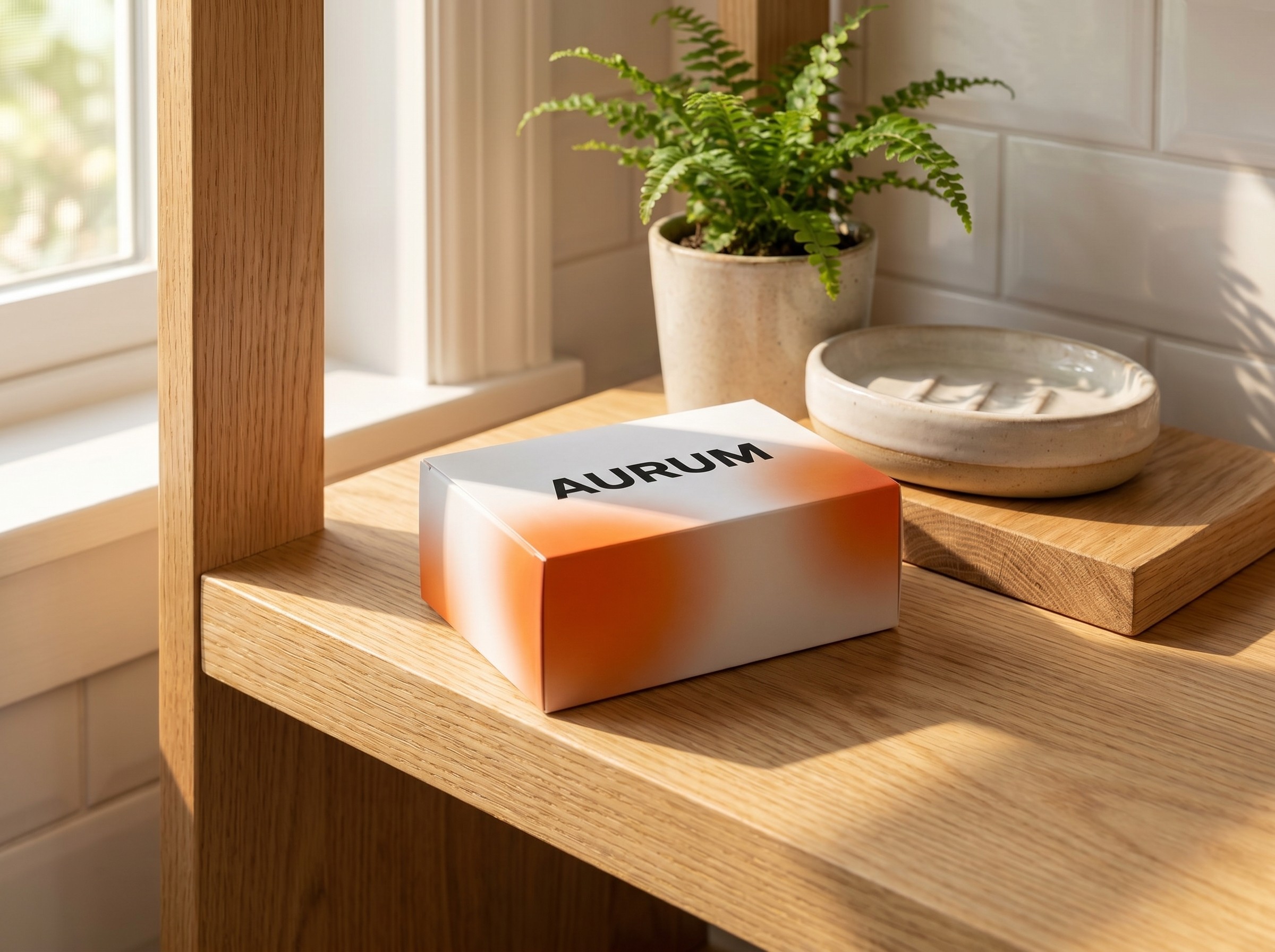 White AURUM box with orange accents on a sunlit wooden shelf beside a potted fern and ceramic soap dish.