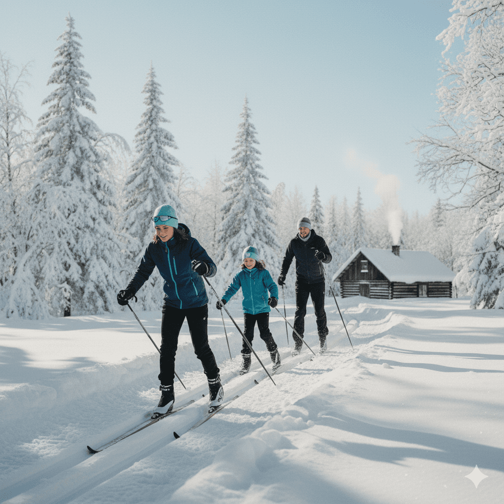 Famille pratiquant le ski de fond sur un sentier enneigé bordé de sapins et d’un chalet en hiver.