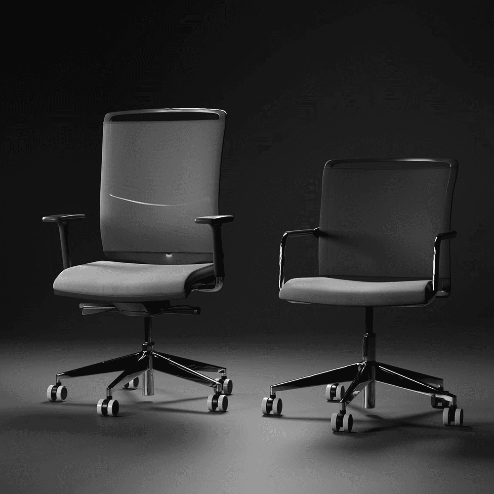 Two ergonomic mesh office chairs in black and grey, featuring a high-back executive model with adjustable armrests and a mid-back task chair model. Both chairs have polished chrome five-star swivel bases with dual-wheel casters, set against a minimalist dark studio background