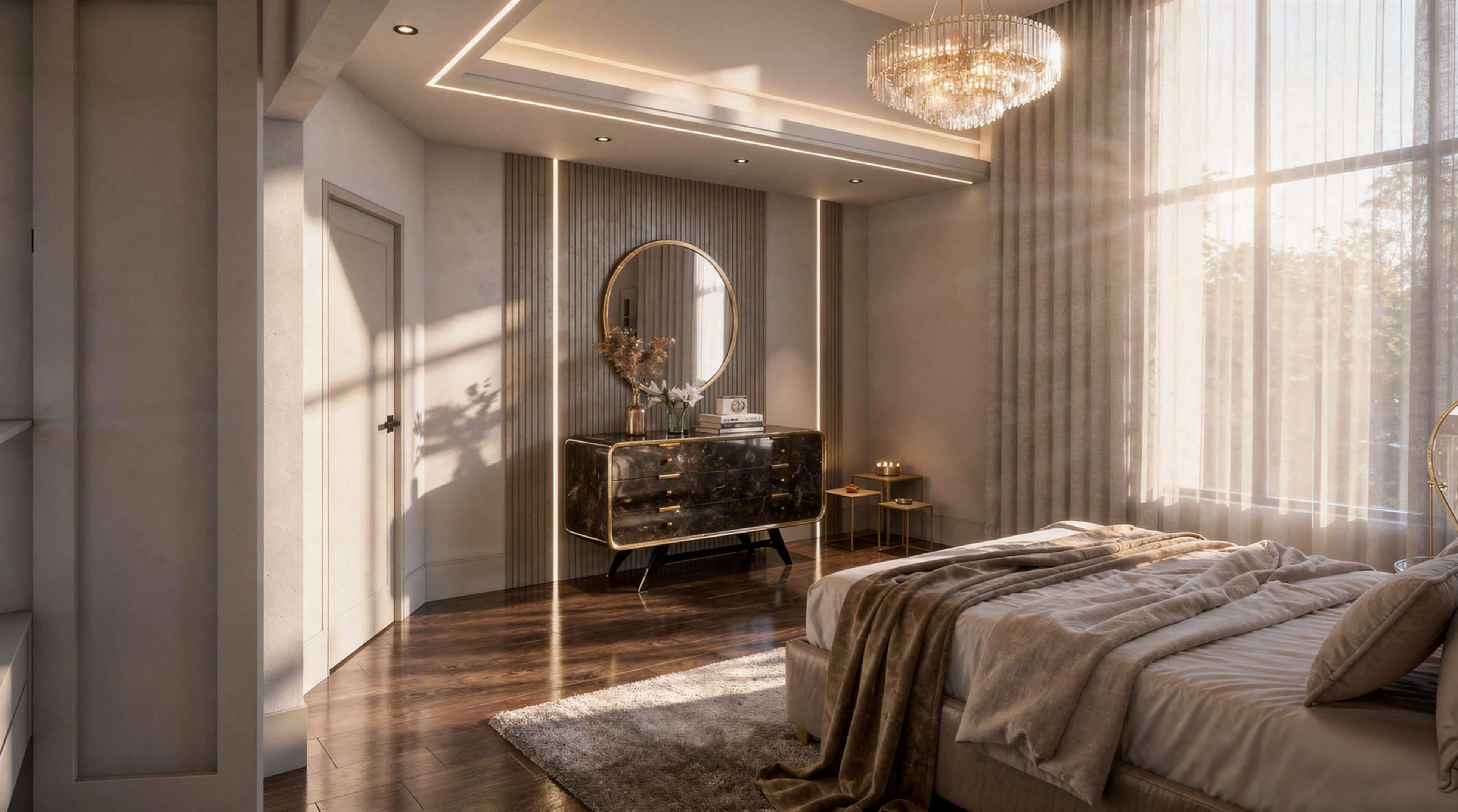 Contemporary bedroom with layered lighting, marble-front dresser, warm wood floors, and soft textiles