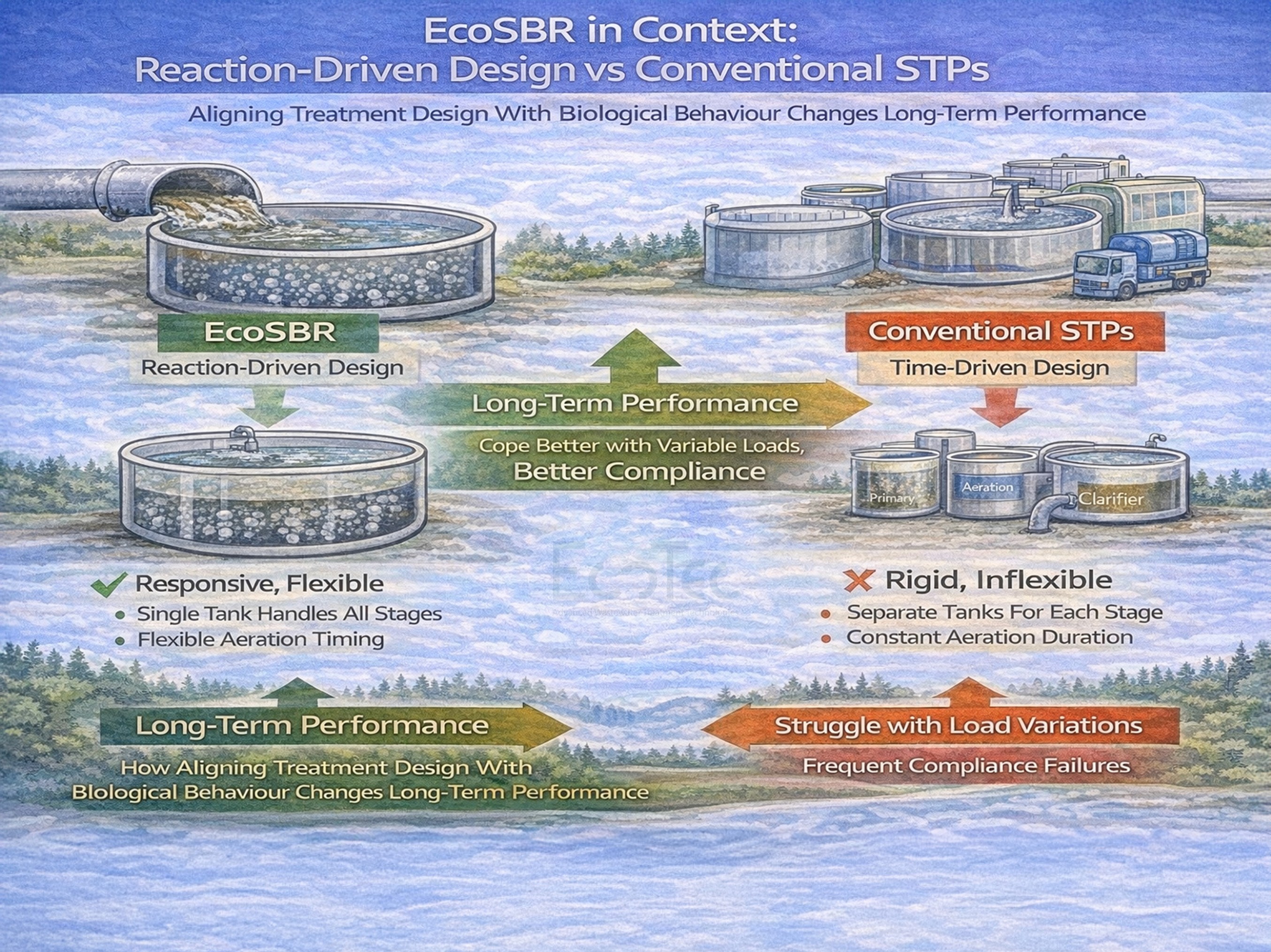 EcoSBR vs conventional STP showing reaction-driven design for stable compliance under load variations.