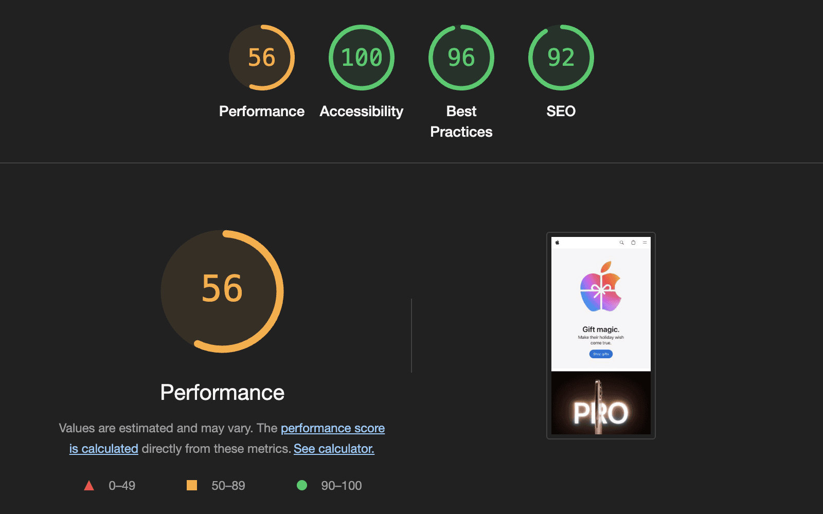 Screenshot of a Lighthouse audit summary with a Performance score of 56, Accessibility at 100, Best Practices at 96, and SEO at 92.