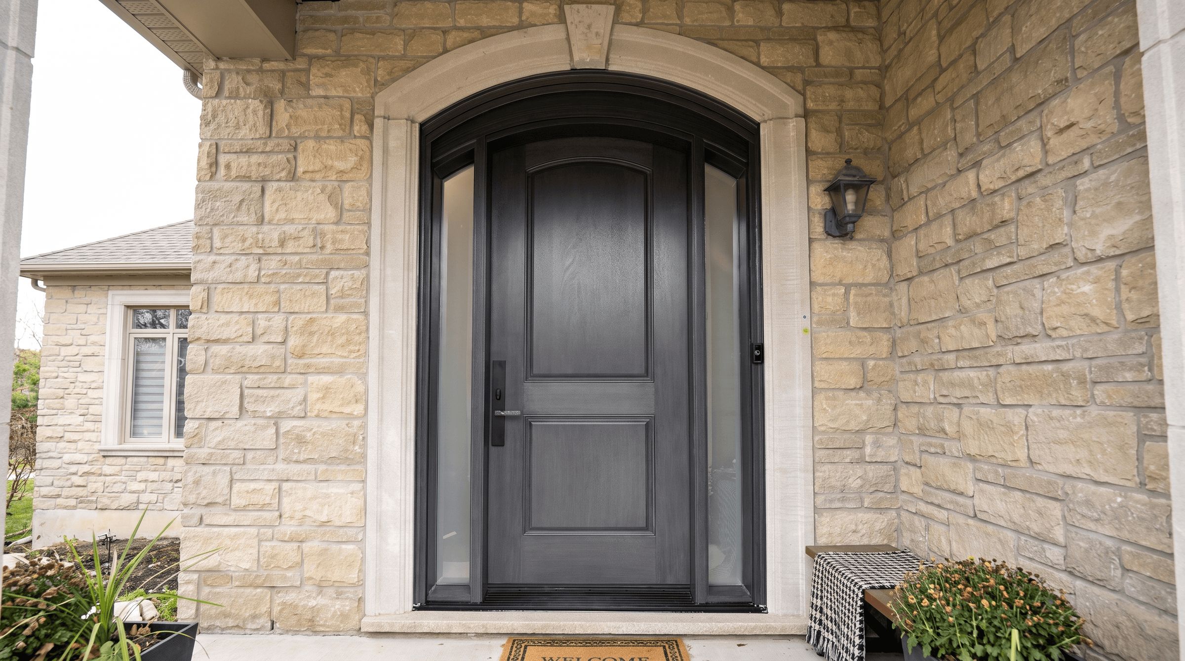 Arched solid walnut wood front door with a curved top, custom-built by Door Gallery