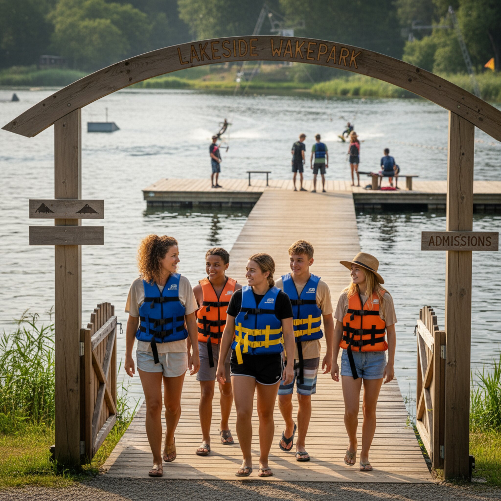 Ein Vereinscoach führt eine kleine Gruppe durch das Eingangstor, alle tragen passende Westen. Eine freundliche Begrüßung, kurze Hinweise, dann geht es weiter zum Steg. Die Sonne steht warm, die Anlage wirkt belebt, aber nicht hektisch. Ein Moment geordneter Vorfreude.
