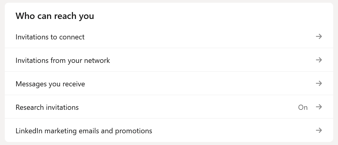 LinkedIn's visibility settings for who can reach you, including who can send invitations to connect, messages you receive, and marketing emails and promotions