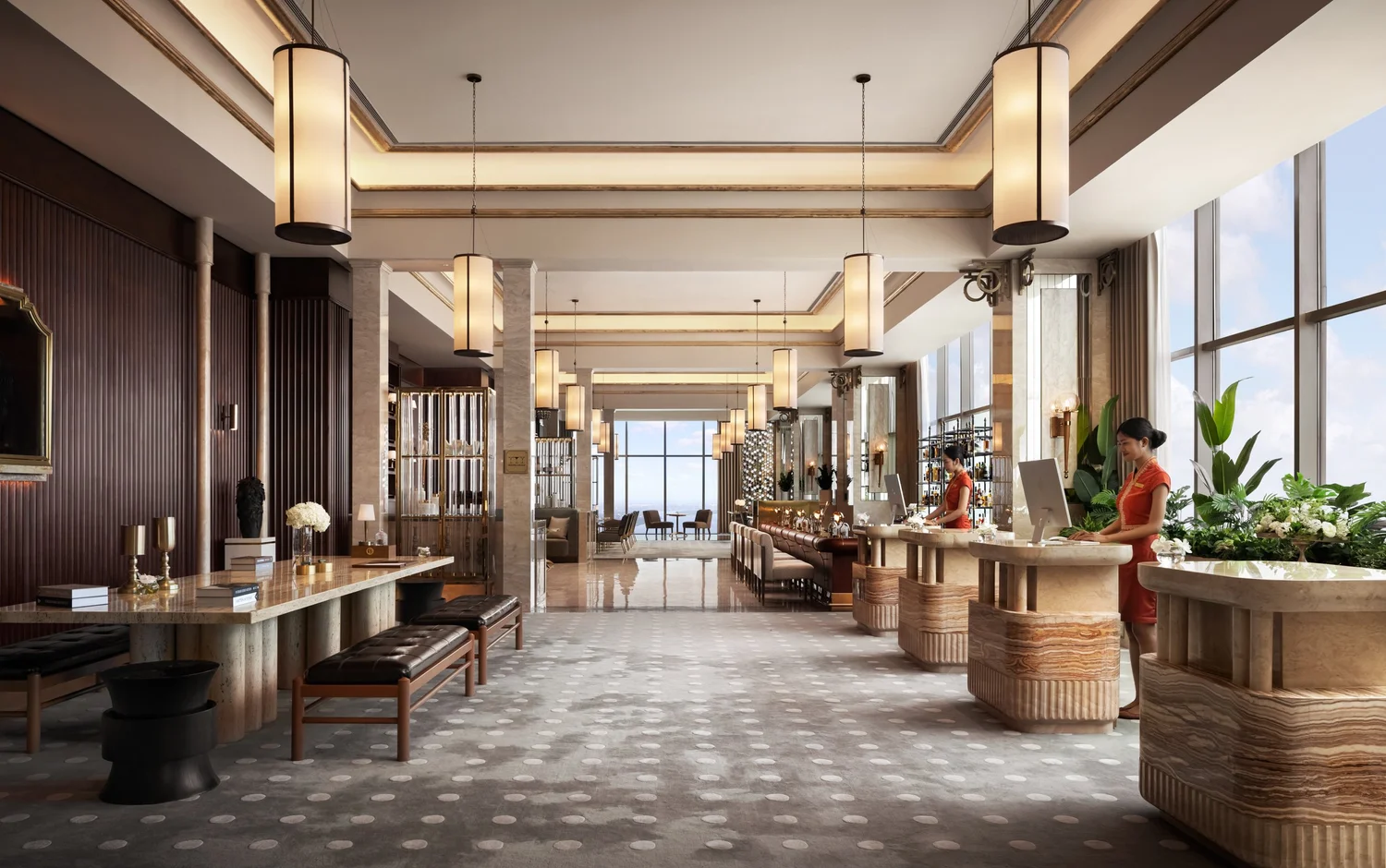 A luxurious, high-ceilinged hotel lobby at the Shangri-La Phnom Penh, featuring floor-to-ceiling windows with a sweeping view of the city skyline. The space includes elegant marble reception desks, modern lantern-style chandeliers, and a patterned grey carpet, with staff in orange uniforms greeting guests.