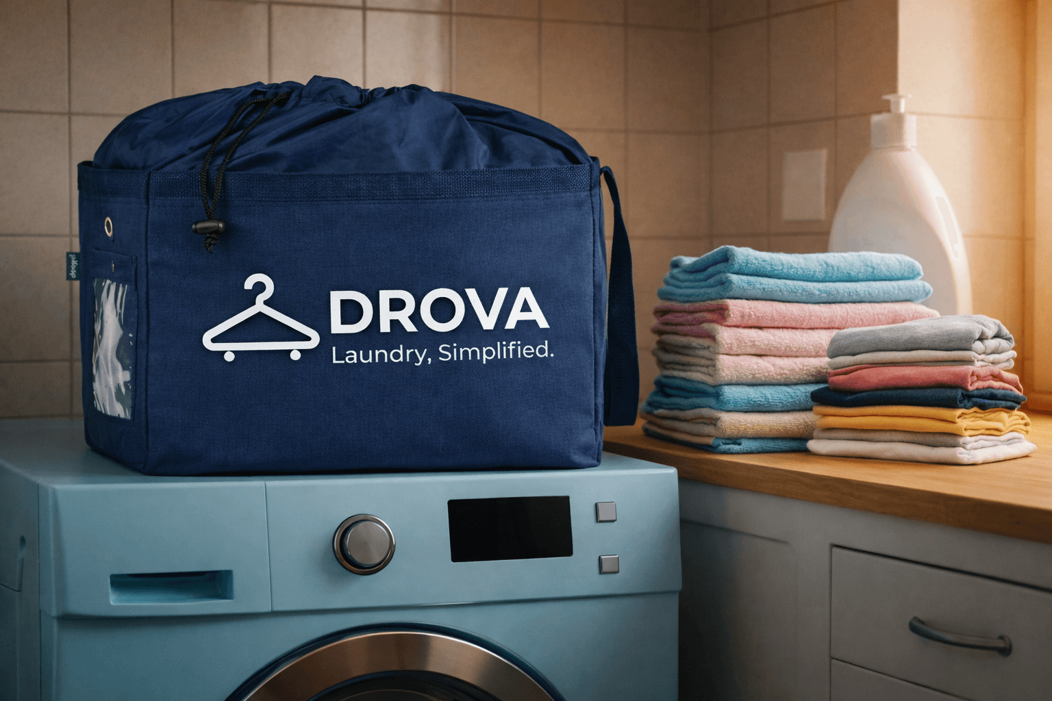 Laundromat attendant loading clothes from a wire basket cart into a commercial washing machine.