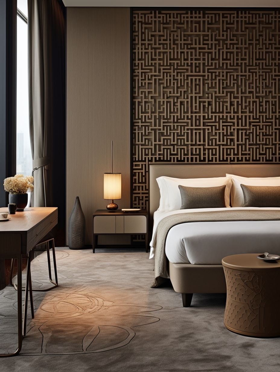 Minimalist light-wood kitchen with a white island, three mustard bar stools, and soft warm lighting.
