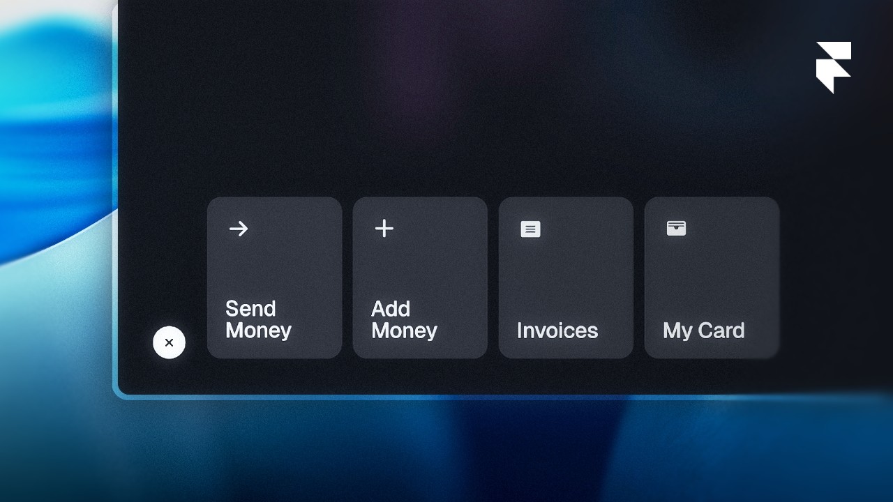 Dark UI menu with send, add, invoice, card options