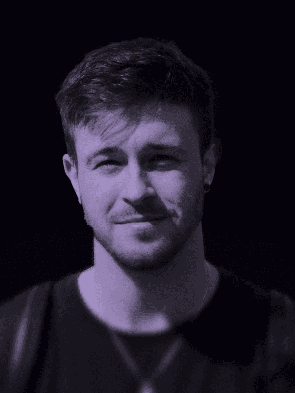 Professional portrait of person on a modern purple gradient background, business headshot for digital branding and team profile.