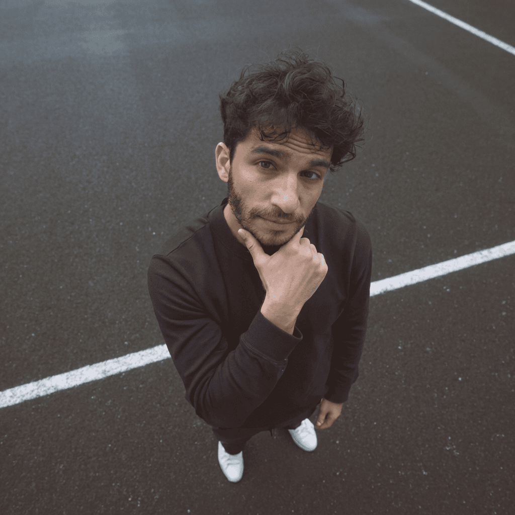 A thoughtful young person with dark hair gazes to the side, captured in soft black and white lighting.