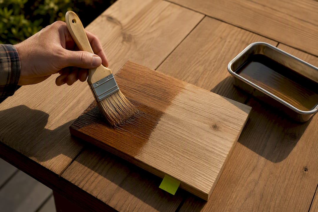 Hand testing deck finish on scrap board