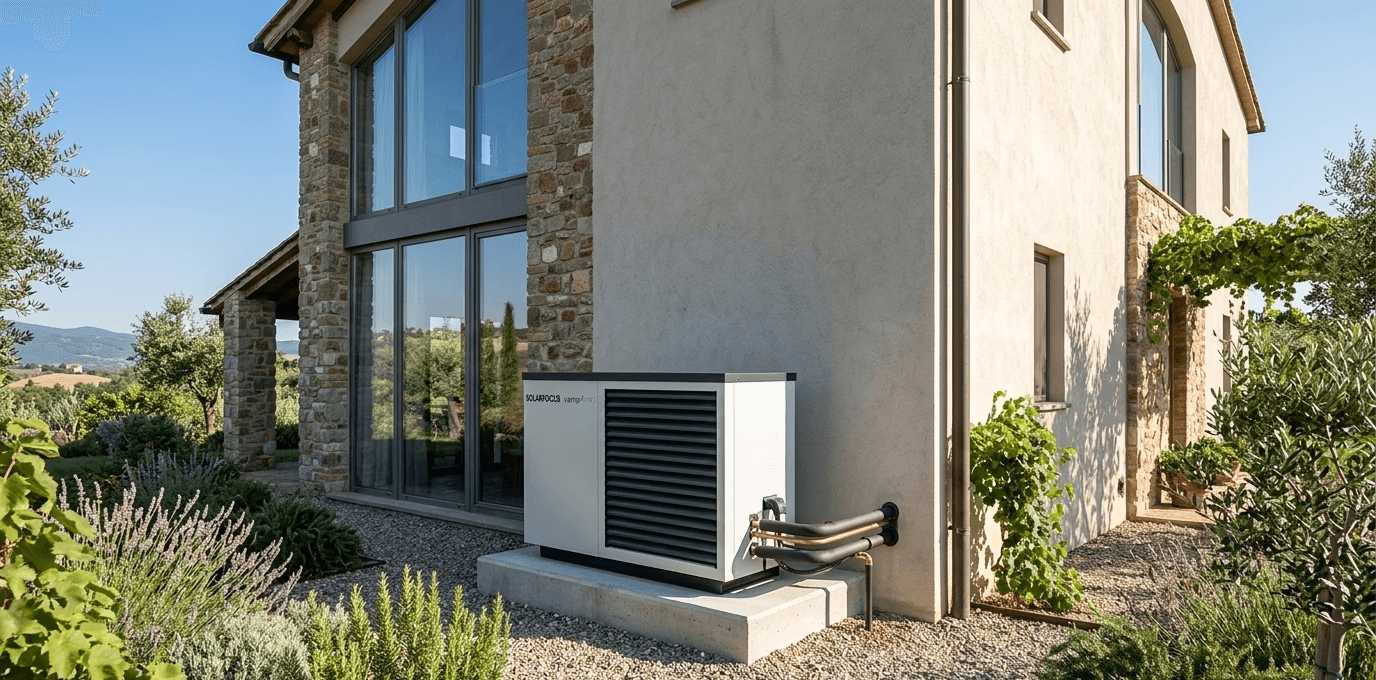 Pompa di calore installata all'esterno di una casa per riscaldamento e climatizzazione domestica