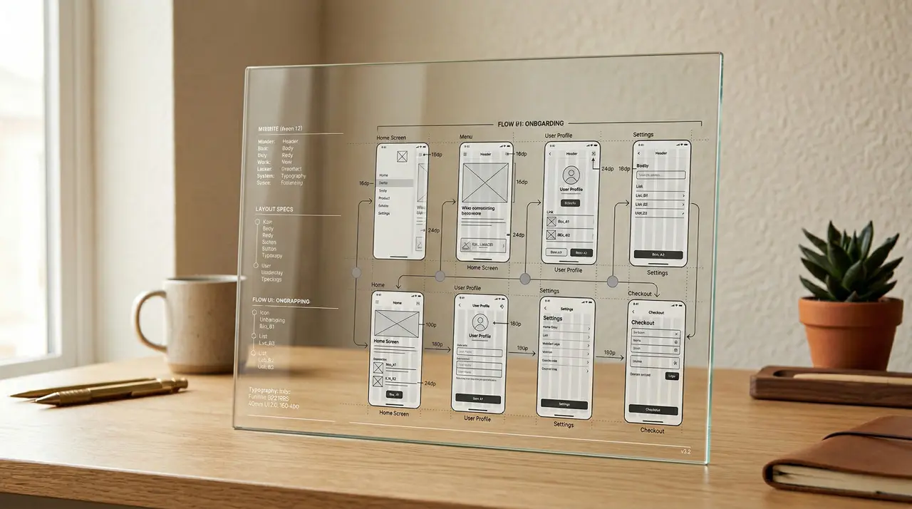 Blueprint técnico de smartphone con wireframes y flujos de navegación organizados bajo estándar listo para desarrollo en un entorno cálido y minimalista.