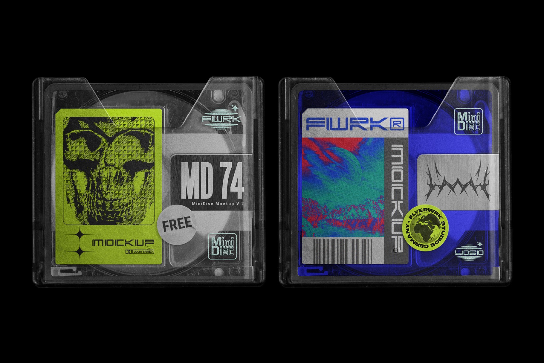 Mini Disc Mockup showing two different colorful translucent shells with professional label design and retro textures