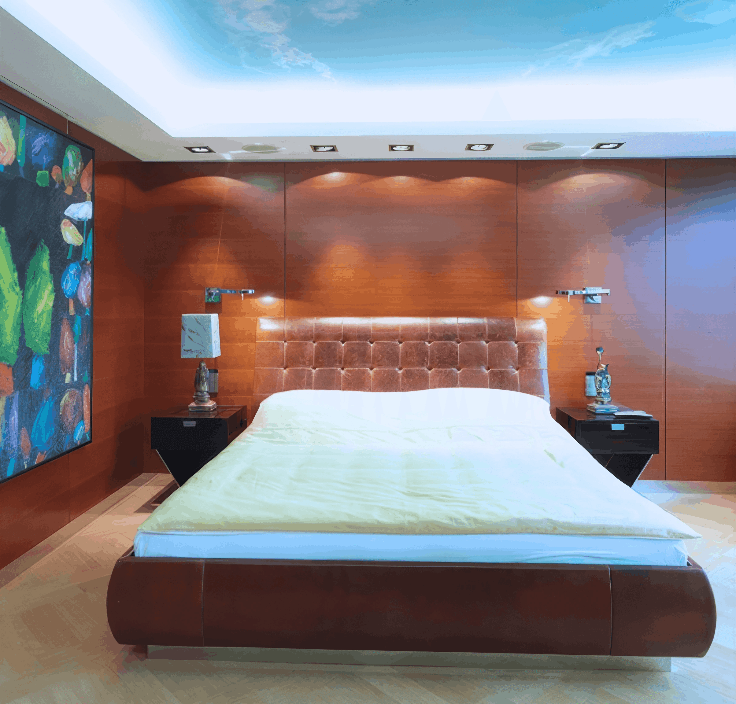 MW Interior  - Herrenzimmer oder Gästeschlafzimmer mit Leder-Polsterbett, Kirschholzpaneelen und bedruckter Spanndecke" Das Schlafzimmer ist mit wandfüllenden Kirschholzpaneelen und einem breiten Lederkopfteil ausgestattet. Die Decke zeigt eine großformatige Himmelsdarstellung als bedruckte Spanndecke mit integrierter indirekter Beleuchtung. An der linken Wand: ein großformatiges abstraktes Gemälde in kräftigen Farben.