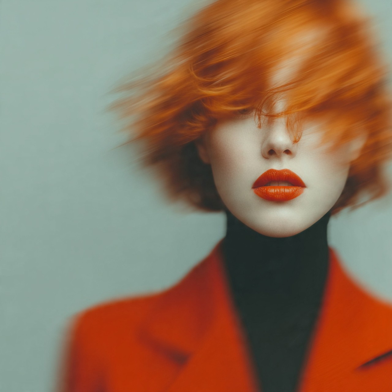 Image of young woman wearing red suit with red hairs