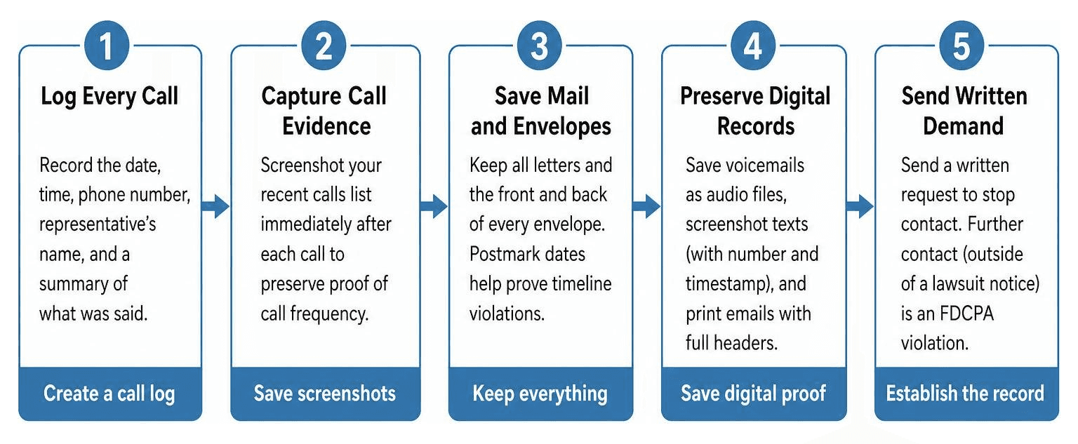 Process for documenting FDCPA violations and building evidence